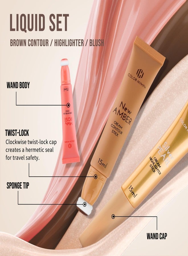 Color Nymph Liquid Makeup Wand Combo, Hydrating Brown Contour Stick Glow Liquid Highlighter Pigmented Blush For Cheeks Fine Texture Natural Blend Long Lasting (Brown Contour+Blush+Highlighter) - Image 4